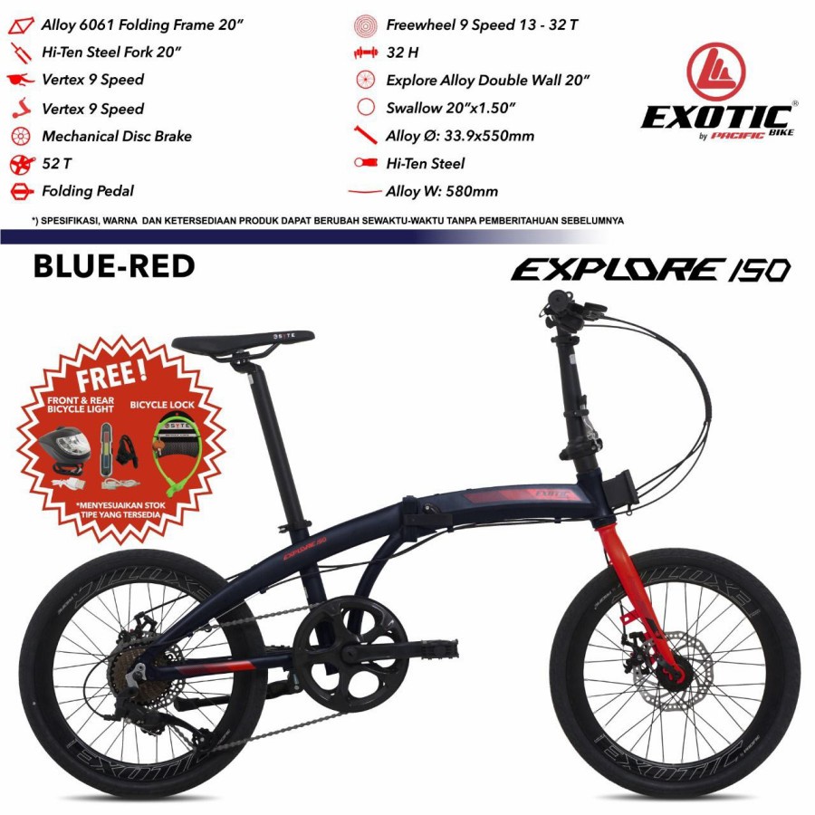 sepeda lipat EXOTIC EXPLORE 150 by PACIFIC ALLOY 9 SPEED Garansi 5 thn - blue red