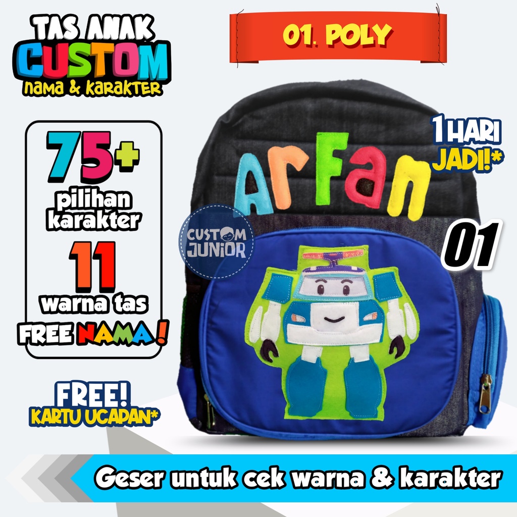 01 Poli Tas Ransel Sekolah Custom Nama Anak Karakter Laki Laki Ukuran TK SD