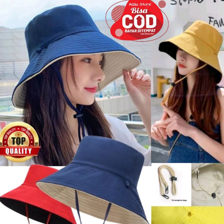 Topi Bucket Wide Wanita Bertali Bucket Dewasa Bertali Bolak Balik 2 Warna xsd