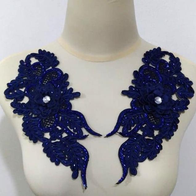 $+$+$+$+] Renda Bordir Kerah Full Payet (Bambu Patah) Sepasang Biru Navy