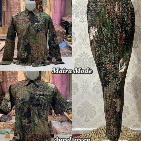 ☘dle» Couple batik kemeja dan rok plisket / set rok plisket dan kemeja batik / motif aurel hijau ❋