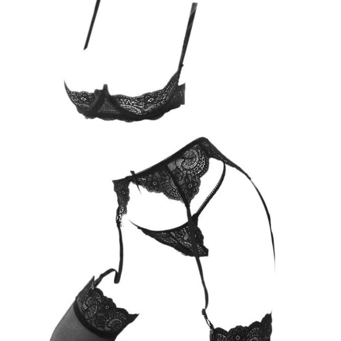 B306 - Bikini Bra Set Hitam Transparan Bra Kawat Open Cup Stocking