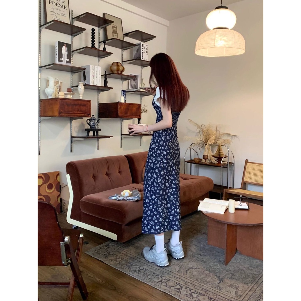 Floral dress Gaun musim panas kasual baru Cheongdamdong oni Korean white lengan pendek blue floral s