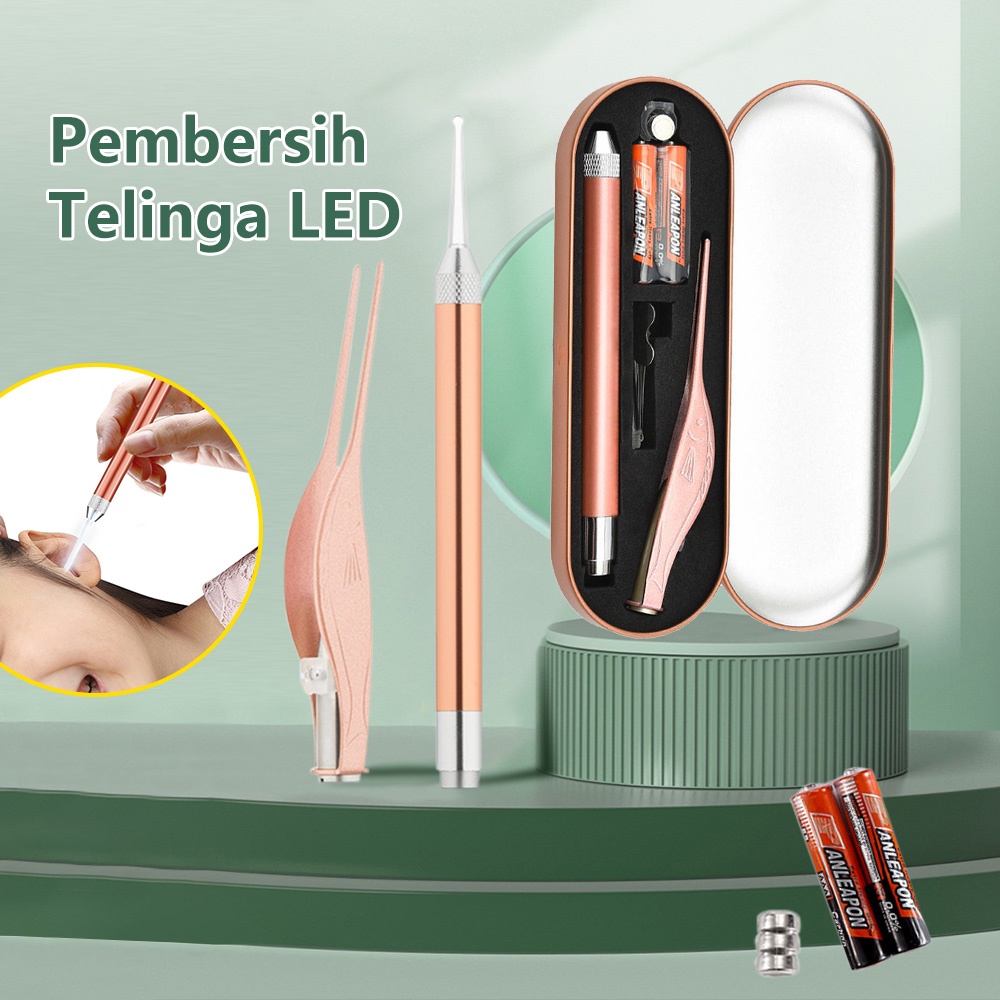 Victoky Alat Pembersih Telinga Stainless Set /  Korek Kuping LED Lampu Senter
