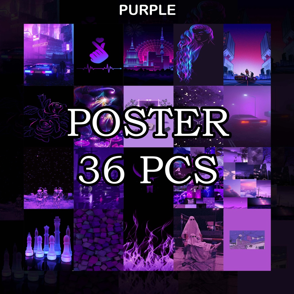 1 SET 36 PCS Poster Neon HD Poster Dinding Kamar Aesthetic 2023 Poster Keren Ungu Poster Kamar Cewek