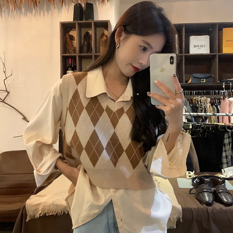 HARGA SPESIAL Pakaian luar kasual rompi kotak-kotak leher V rajutan Korea