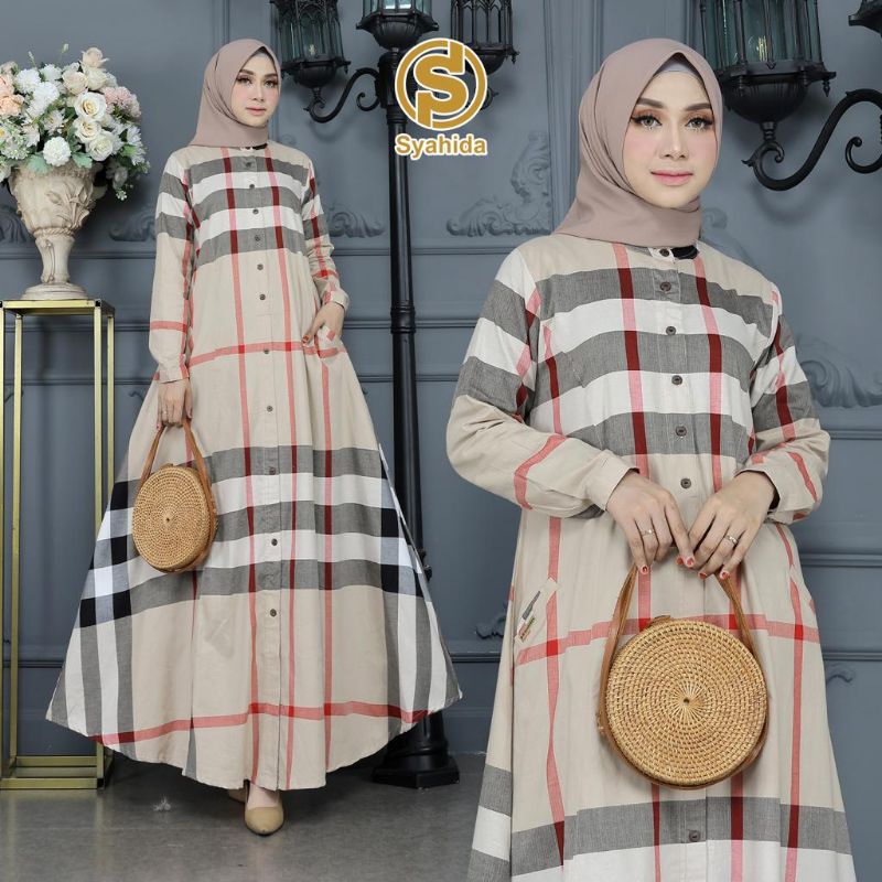Gamis Katun Burberry Motif Kotak Kotak Salur Model Kembang Payung Premium Original Syahida |Gamis Bu