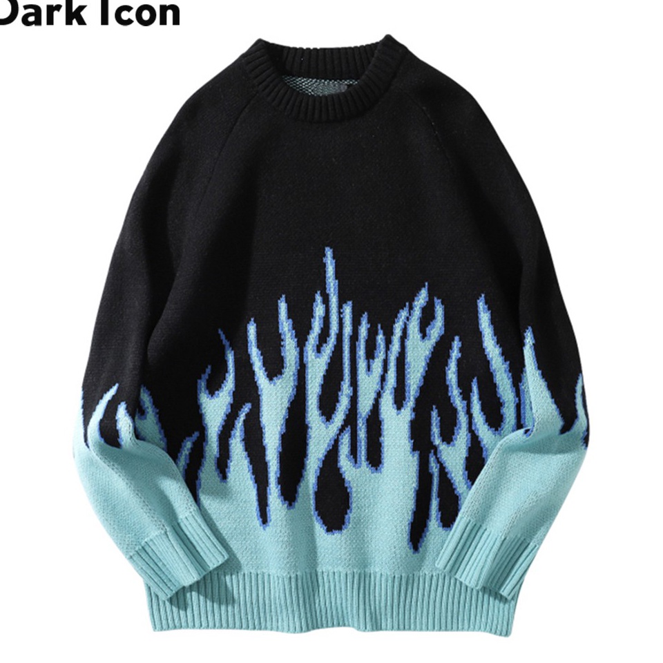 Terbaru..!! Dark Icon Blue Flame Off Shoulder Sweater Men Autumn Oversized Men's Sweater Knitwear Me