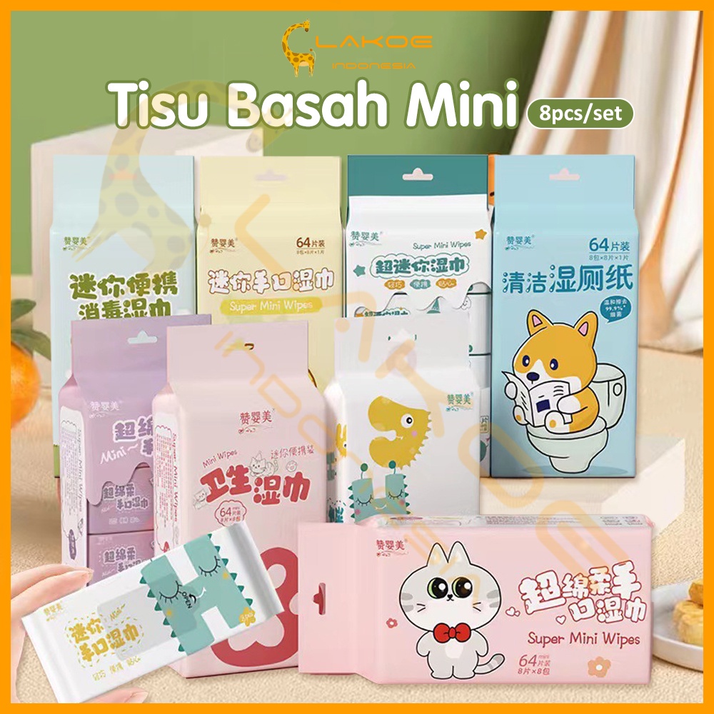	 Lakoe 8pcs/set Tissue Basah Mini/ Tissue Basah Travel/Tisu Travel/Wet wipes mini	