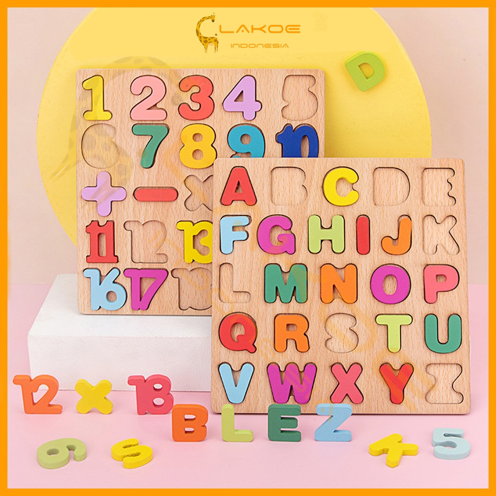 Puzzle Kayu Edukasi Anak Motif Huruf Angka dan Bentuk Mainan Bongkar Pasang Latih Kognitif