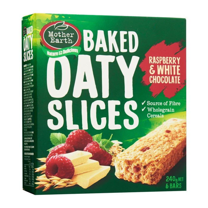 

Elvira- Mother Earth Baked Oaty Slices Snack Bar Rasp White Chocolate 240G