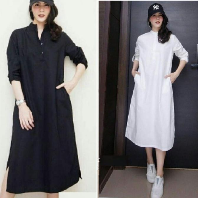 dress midi shirt polos baju wanita hitam putih black white model hem