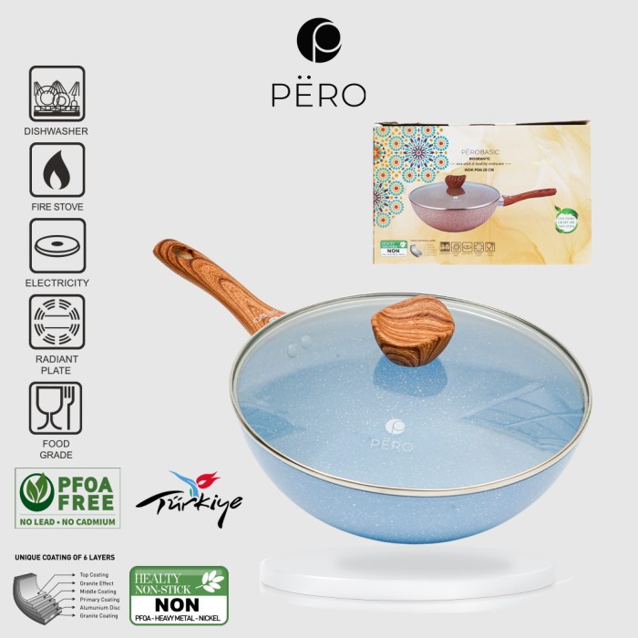Terlaris Pero Biogranite Wokpan 28Cm Wooden Handle With Lid