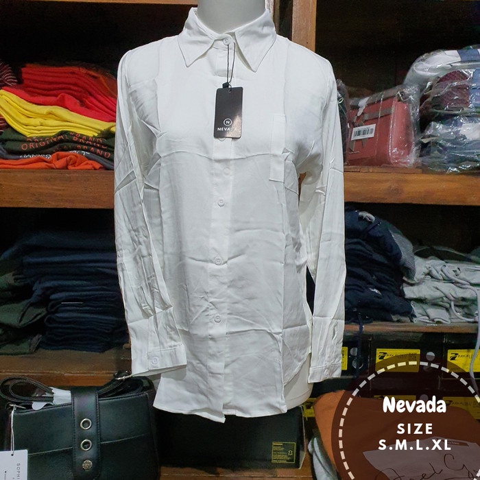 BLUS WANITA Nevada Kemeja Kerja Polos Lengan Panjang Original - Putih, S R3T1 blouse wanita korea ba