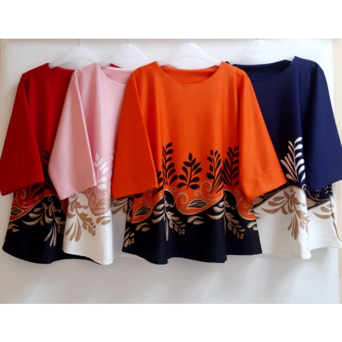 BLUS WANITA JUMBO SCUBA PREMIUM MOTIF DAUN BIG SIZE - Merah P8M5 premium fashion wanita casual baju 