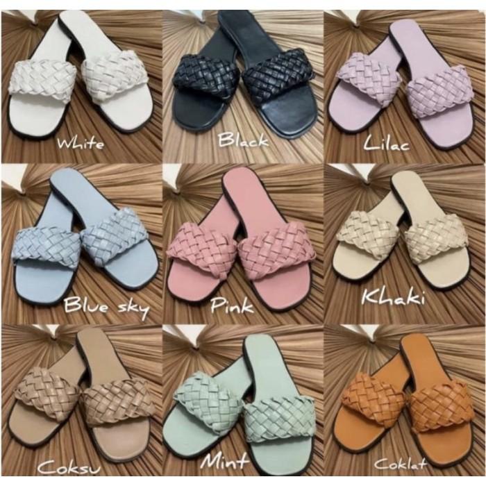 SENDAL WANITA CANTIK SENDAL FLAT MOTIF KEPANG RAJUT BAHAN KARET