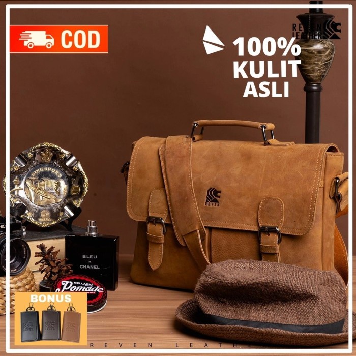Tas Selempang Pria Laptop Kerja Reven Original Kulit Sapi Crazy Horse
