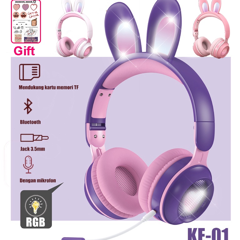 NEW STOCK Baru Nirkabel Headphone RGB Telinga Headset Kelinci Lucu Headphone Mic Gadis Lucu Musik He