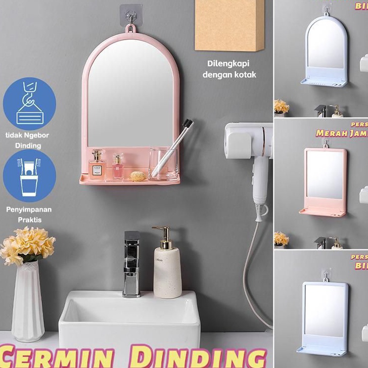 id6c6Bq Cermin Rak Dinding Tempel Serbaguna Rak Make Up Serbaguna Cermin Kaca Dinding Tanpa Paku Cer