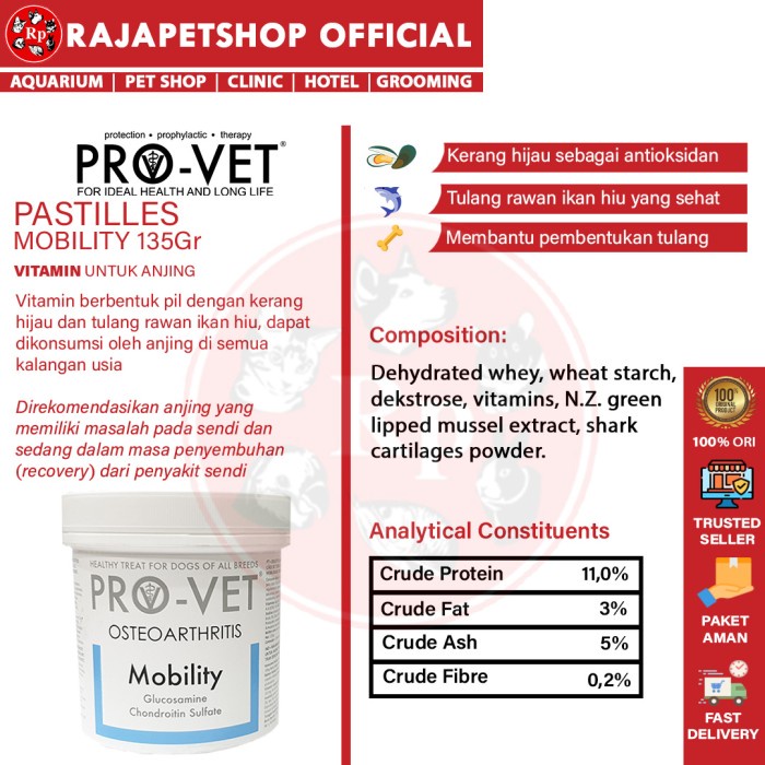 Provet Pastilles Mobility Suplemen Tulang Vitamin Sendi Anjing 135 Gr Ori