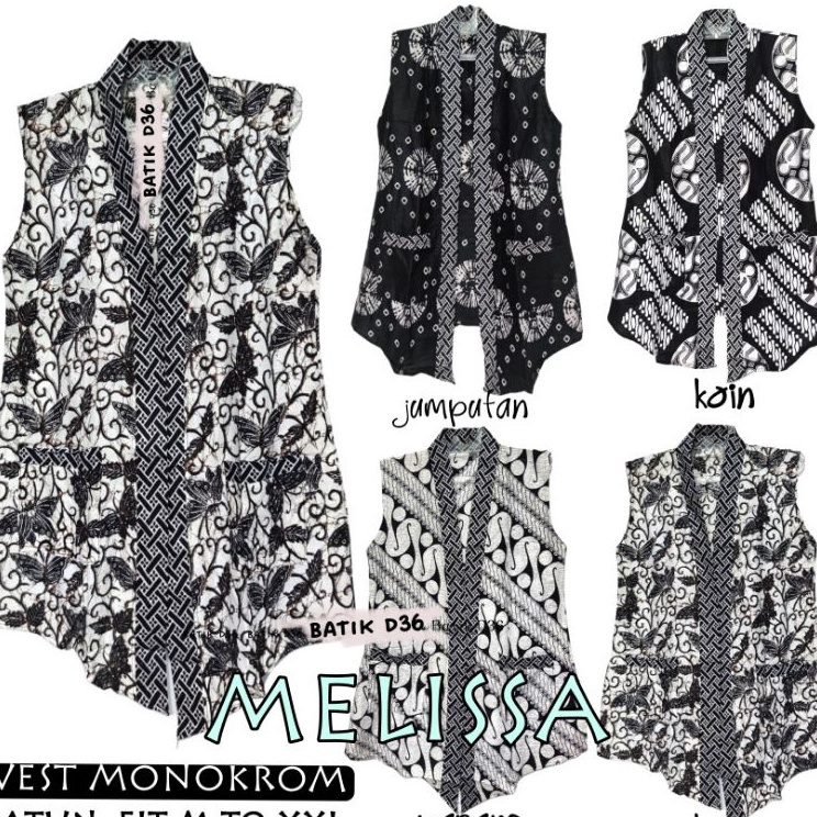 VHKW0569 Terlaku.../ Vest monokrom katun saku ada jumbo melissa Baju luaran tanpa lengan motif batik