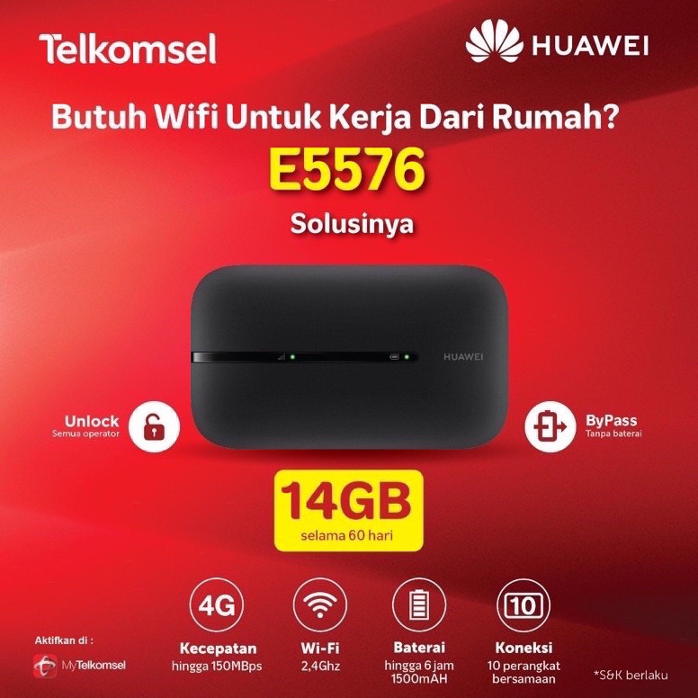 TERMURAH Modem Wifi Telkomsel Huawei E5576 Unlock 4G Bypass Battery Free 14gb Garansi Resmi