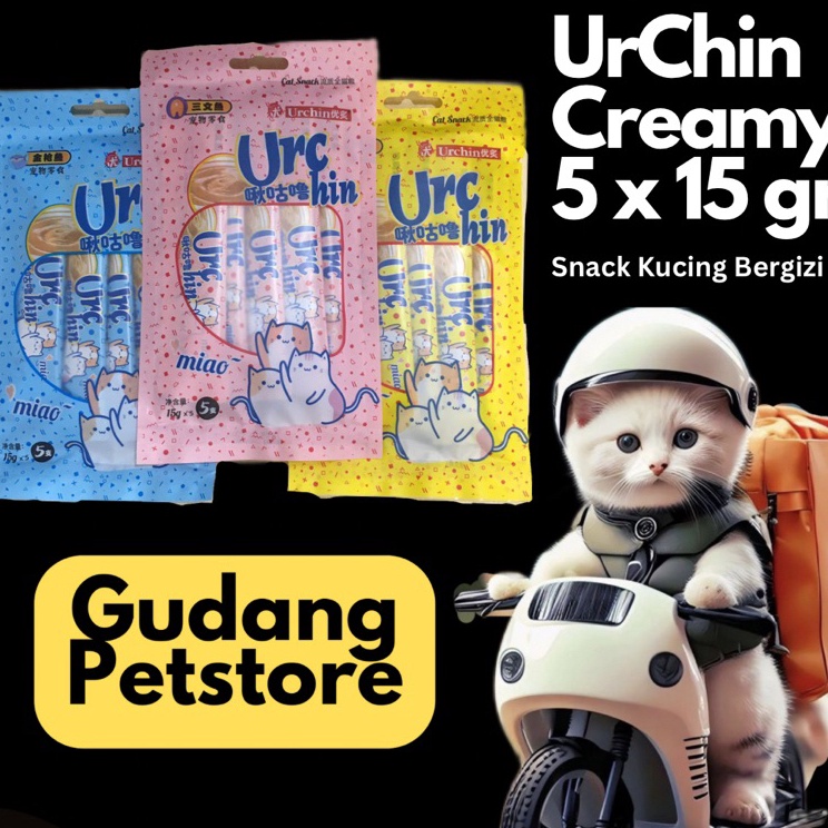 Laris URCHIN CREAMY TREATS 1 Pack isi 5 stick / PEIEN SNACK KUCING 15gr setara MEO creamy