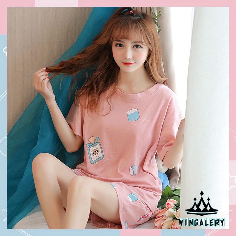 SALE WINGALERY Set Piyama Lengan Pendek Baju Tidur Wanita Dewasa Motif Kartun  Pajamas Dewasa 4019