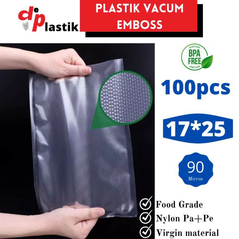 LANGSUNG ORDER PLASTIK VACUM EMBOS 17X25 ISI 100 PLASTIK VAKUM EMBOS MAKANAN  --(EMB/17x25 isi 100)