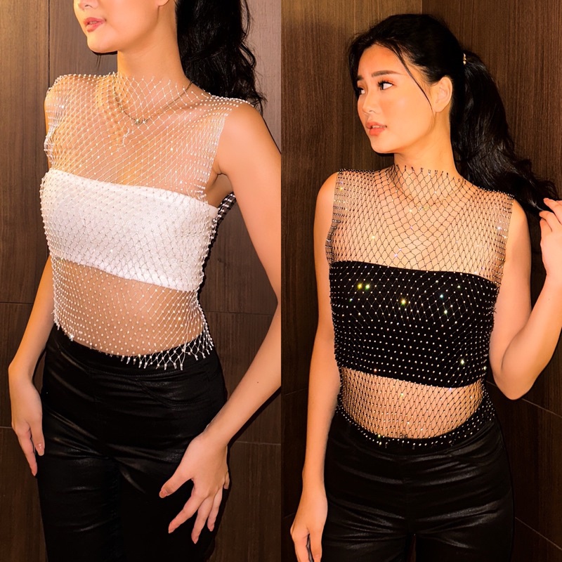 Bling Fish Net Rhinestone Mesh Top Sava Collective Tanktop Jaring Sparkle Outer Blink