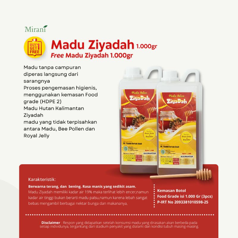 

mirani-(buy 1 get 1) madu ziyadah 1kg gratis skygoat sachet (isi 2 botol) madu.