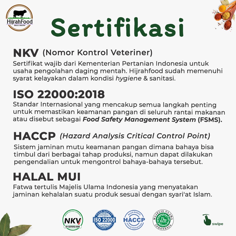 

Sertifikasi Hijrahfood Meatshop : NKV - Halal MUI - ISO 22000:2018