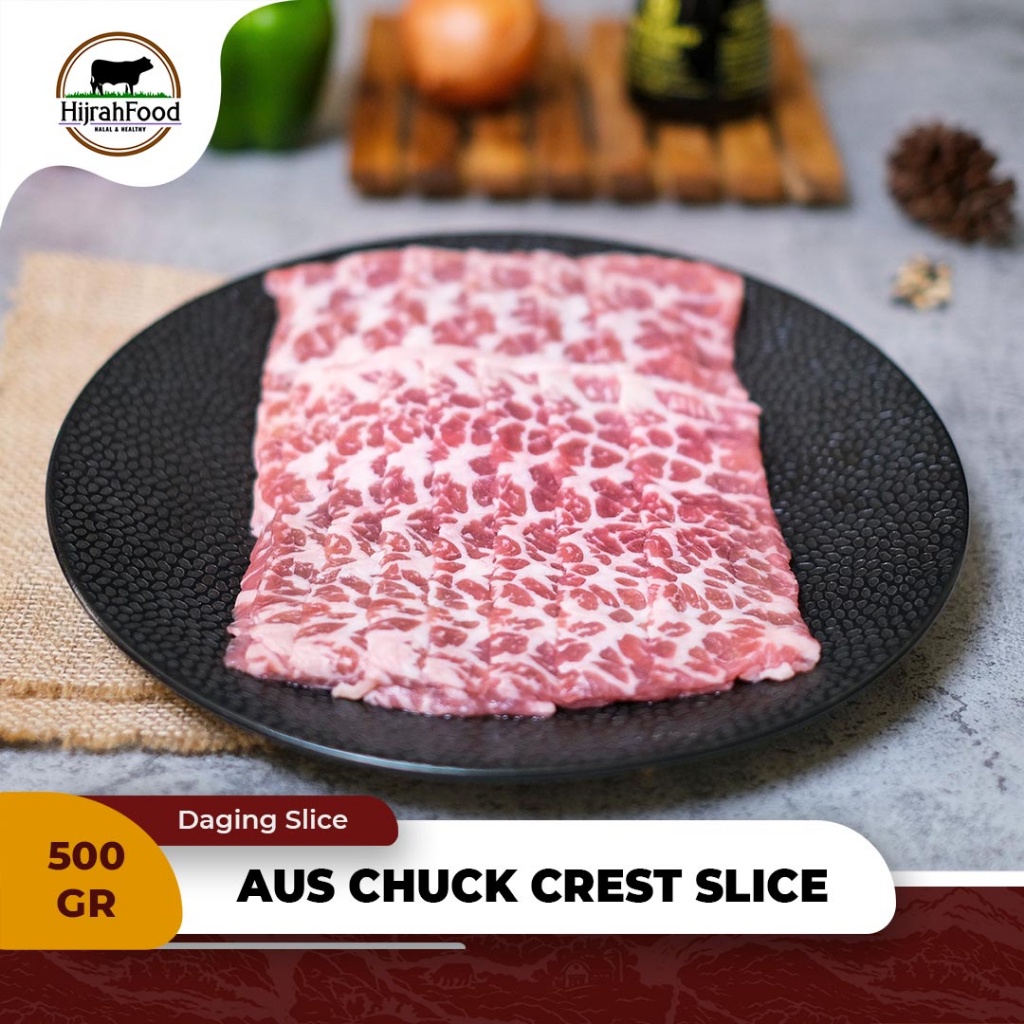 

Hijrahfood Daging Slice Chuck Crest AUS Beef Sukiyaki Yakiniku Premium 500 gram