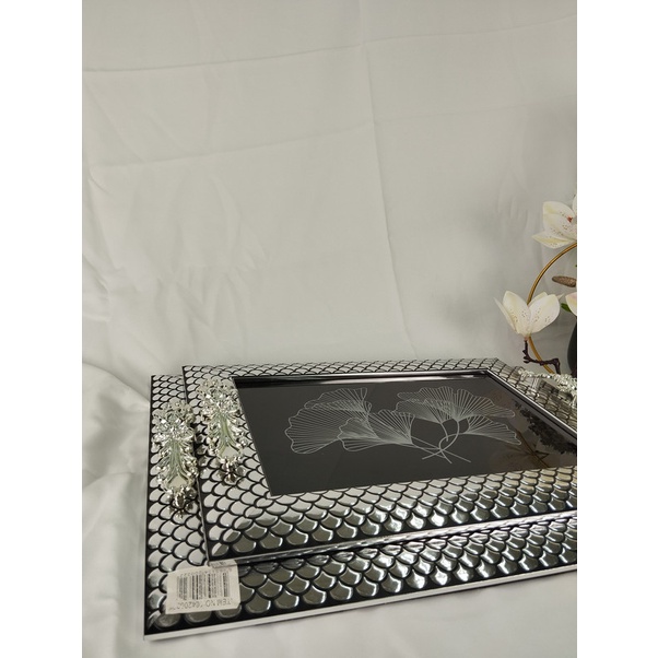 1 Set Hantaran Baki Seserahan Silver Black Motif Bunga Isi 2Pcs Baki Hantaran Seserahan Fiber Frame 