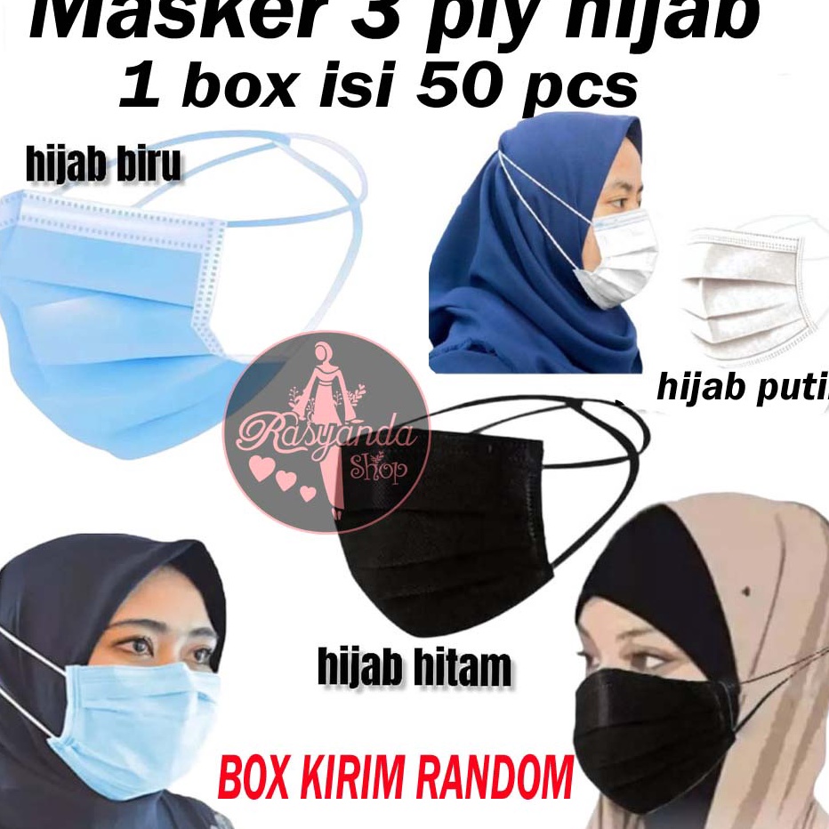 Bayar Di Tempat Masker HIJAB Headloop 3 Ply Disposable Mask Warna Warni  Hitam Putih Biru Abu  Isi 5