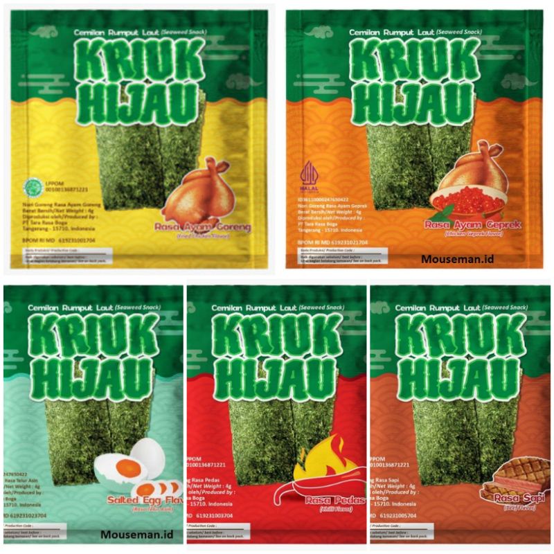 

KRIUK HIJAU Rumput Laut Nori Rasa Sapi Ayam Geprek Telur Asin Pedas