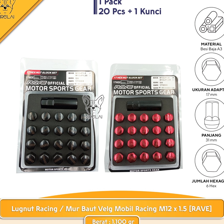 ➤ [20 PCS] Lugnut Racing / Mur Baut Velg Mobil Racing M12 x 1.5 [RAVE] r Terlaris ♠.