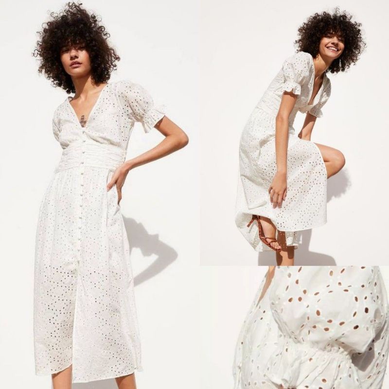 [ZARA] Eyelet Long Dress Cutwork Embroidery Shirt Button Puffy Sleeve With Front Slit Summer White /