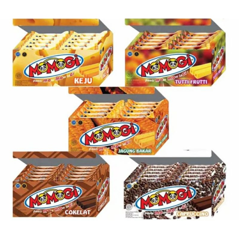 

tokogencil Momogi 500 Stick All Varian Rasa 1 Box isi 20 pcs @5gr Snack Biskuit Rasa Jagung Bakar, Coklat, Keju, Tutti Fruitti 500