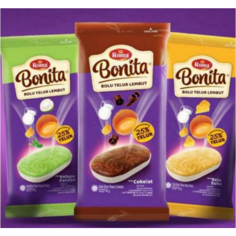 

Roma Bonita 1 Box isi 12 Bungkus @30gr Bolu Telur Lembut Rasa Keju Susu, Kelapa Pandan, Cokelat Biskuit