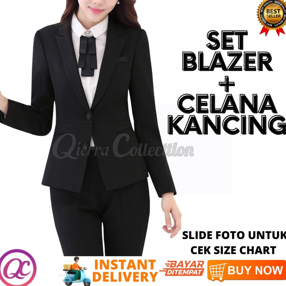 LANGSUNG ORDER One Set Blazer dan Celana Wanita Stelan Kerja Kantor Cewek Setelan Perempuan Saku For