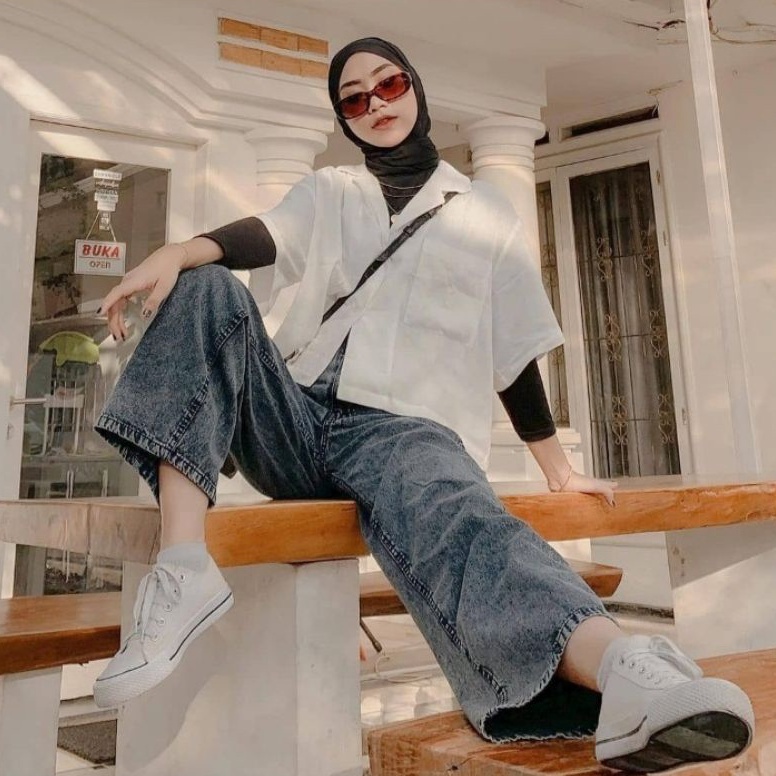 trxLl2L6 Celana Kulot Jeans Snow Highwaist Panjang  Wanita Jumbo Kekinian Warna Cream Hitam Snow Bla