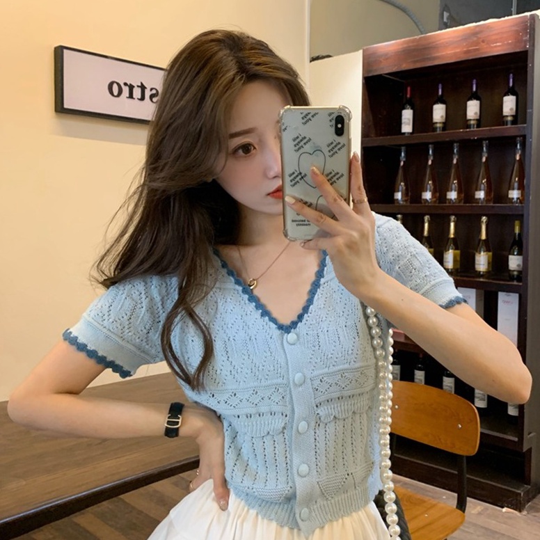 LANGSUNG KIRIM Kardigan Rajut Wanita Lengan Pendek V-Neck Korea