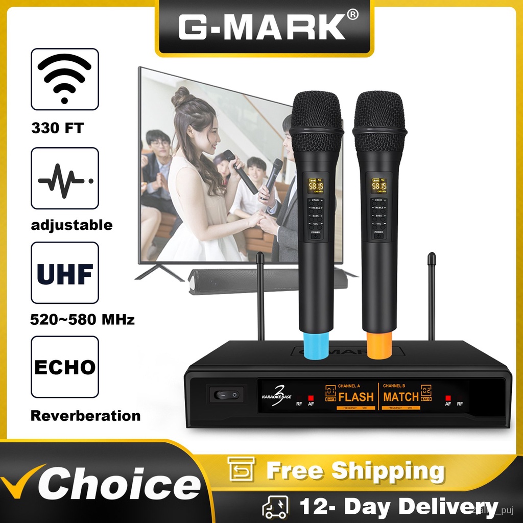 ✅&Bluetooth Microphone Wireless G-MARK Karaoke Base 3 Professional UHF Dynamic Mic Reverb Effect For