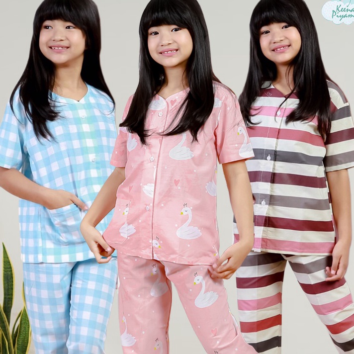 WRN097 Set Baju Tidur/Piyama Anak Perempuan Laki Laki Katun Kerah Y Motif Garis Kotak Usia 1-15 Tahun ||