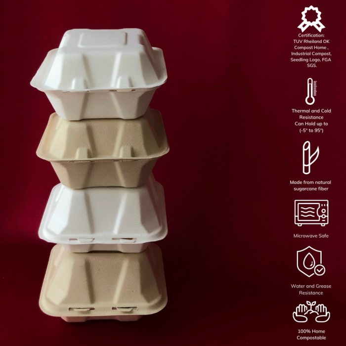 Terlaris 50 Pcs" 15.2 X 15.2 Cm Bagasse Bento Cake/Burger Box - 450 Ml Lunch