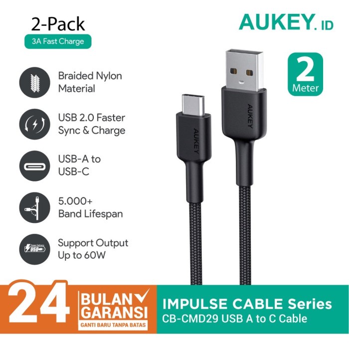 KABEL CHARGER AUKEY CB-CMD29 USB A TO C 2M (2 PACK) - 501529