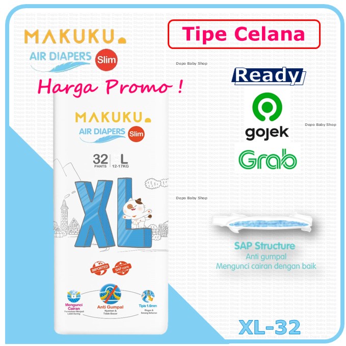 MAKUKU AIR DIAPERS SLIM TRAINING PANTS XL32 POPOK CELANA XL 32