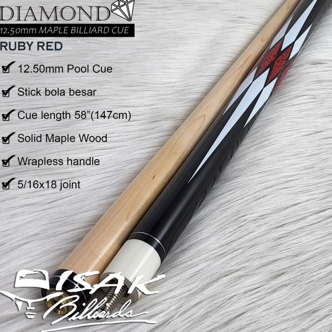 Diamond Maple Pool Cue 12.5mm | Ruby Red Billiard Stick Bola Besar