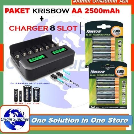 Krisbow Baterai Rechargeable Size Aa 2500 Mah 4 Pcs+ Charger 8 Slot Original